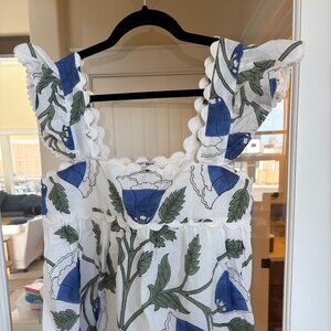 Juliet Dunn Baby Doll Floral Scalloped Top White & Blue Size M